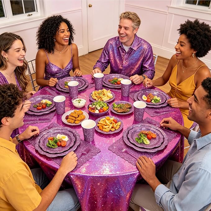 Purple Iridescent Plates and Napkins Set, Scalloped Disposable Holographic Plates Cups Napkins Forks Tablecloth Party Supplies for Birthday Baby Shower Bridal Shower Decorations, Serves 24 Guests