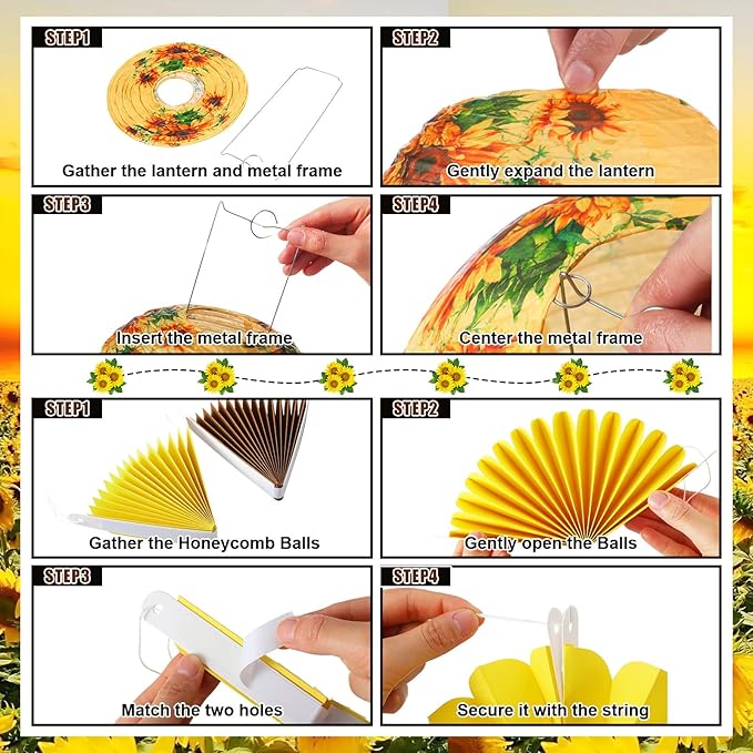 Raiten 18 Pcs Sunflower Party Decorations Kit Summer Hanging Paper Lanterns Yellow White Brown Sunflower Hanging Paper Fan Honeycomb Ball for Wedding Party Baby Shower