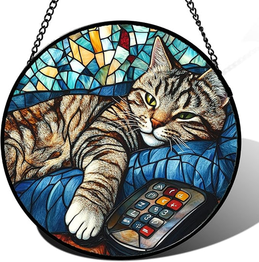 DASTOLL Stained Glass Window Hanging Gray Cat and Remote Control 7.8" - Suncatcher Door Garden Kitchen Sun Catcher Home Decor Birthday for Lost Pets Mom Men Woman Friend Grandma