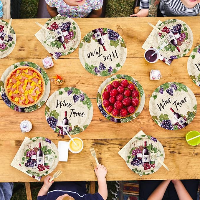 96Pcs Wine Tasting Party Supplies Red Wine Plates and Napkins Purple Grapes Vineyard Tableware Set for Women Girls Bridal Shower Drinks Theme Party Decorations Serves 24