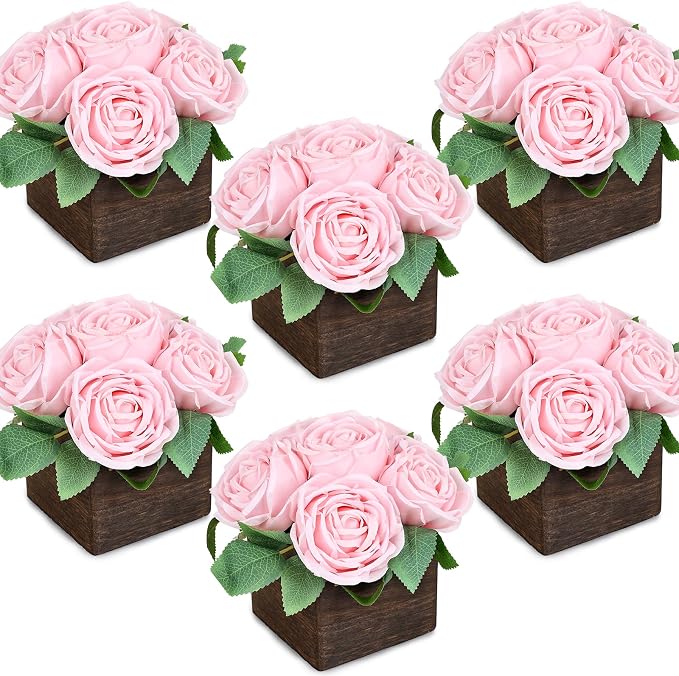 Dining Table Centerpiece Set of 6 - Pre-Made Aritifial Rose with Wooden Vase Fake Floral Arrangment Faux Flower for Wedding Bridal Tea Party Event Decorations - Pink
