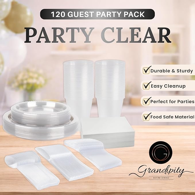 Grandipity 350 Piece Clear Disposable Dinnerware Set, Includes 50 of Each: 9" Dinner Plates, 7" Dessert Plates, 12oz Cups, Paper Napkins, Forks, Knives & Spoons