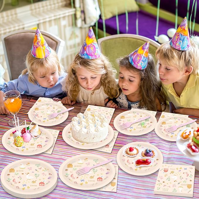 96Pcs Farm Barnyard Party Decorations Garden Tea Themed Tableware Farm Animals Flowers Plates Napkins Forks Summer Floral Dinnerware Supplies for Baby Shower Birthday Serves 24 Guests