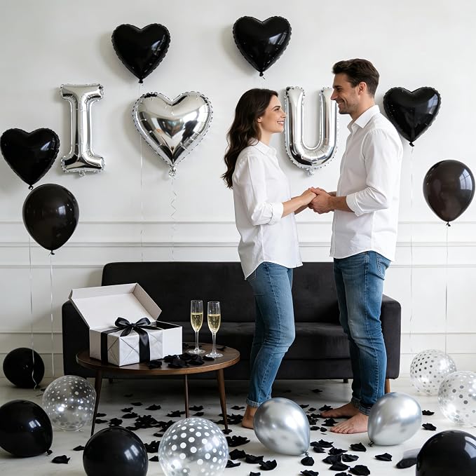 32 Inch I Love You Balloons Black and Silver Balloon with Heart Shaped, Love Foil Balloons and 1000 Pieces Rose Petals for Anniversary Valentine's Day Proposals Decorations (Black and Silver)