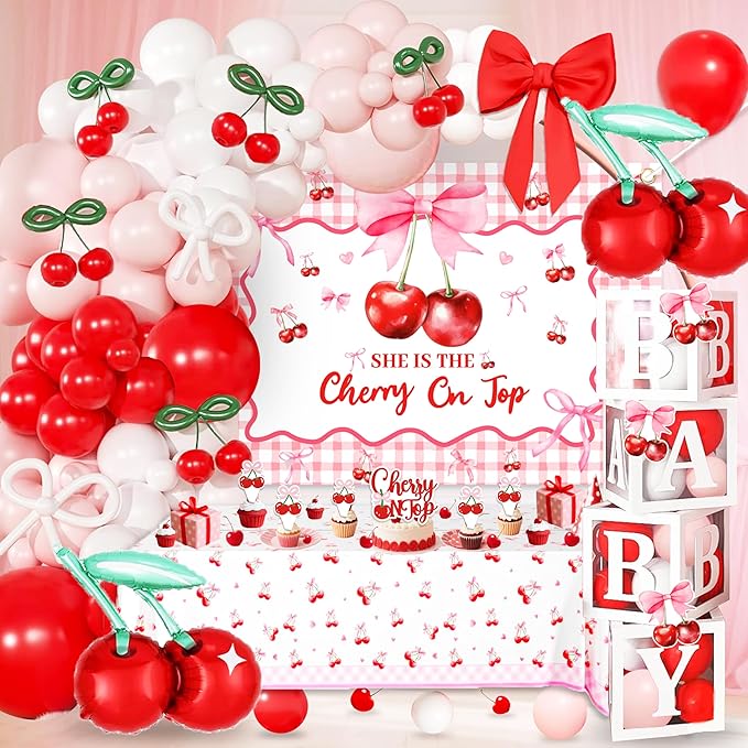 Cherry on Top Baby Shower Decorations for Girl - Red Pink Party Supplies Include Balloon Garland Arch, Backdrop, Tablecloth, 4 Boxes, Foil Balloons - She is the Cherry On Top Decor Gingham Check