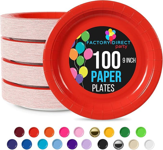 Exquisite Party Solids Red Paper Plates Disposable Heavy Duty 9 Inch Red Disposable Plates For Party 100 Pcs Heavy Duty 350 GSM, Birthday Supplies