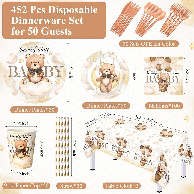 Funnymoom 452 Pcs 50 Guests We Can Bearly Wait Baby Shower Decorations, Brown Neutral Baby Shower Paper Plates Napkins Cups Tablecloth Cutlery Straws Tableware Set for Gender Reveal Party Supplies