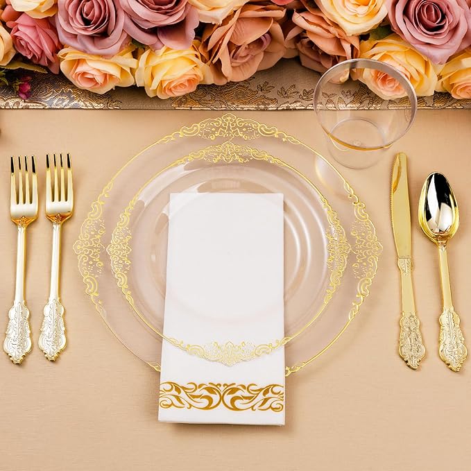 Bestluck 350PCS Clear Gold Plastic Plates for 50 Guests, Disposable Dinnerware Set Includes 100 Clear Disposable Plates, 150 Gold Silverware, 50 Cups, 50 Napkins for Party, Wedding