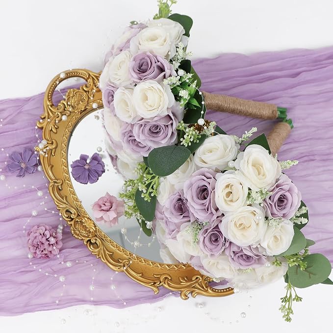 Set of 2 Bridesmaid Bouquets for Wedding - 7 Inch Artificial Ivory Flower Bouquet for Party Ceremony Anniversary Dinning Table Centerpieces Decor - Lilac and White