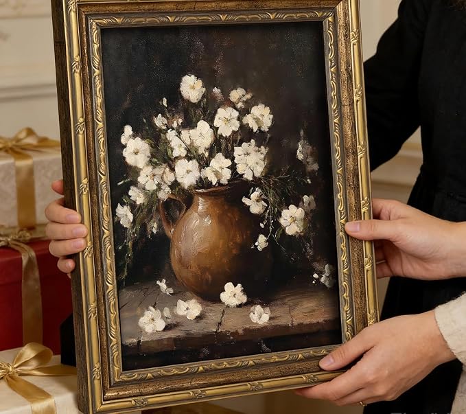 Vintage Gold Framed Wall Art Vintage Flower Still Life Wall Decor Retro White Floral Picture Retro Rustic Floral Poster Print Artwork for Home Living Bedroom Farmhouse Hallway