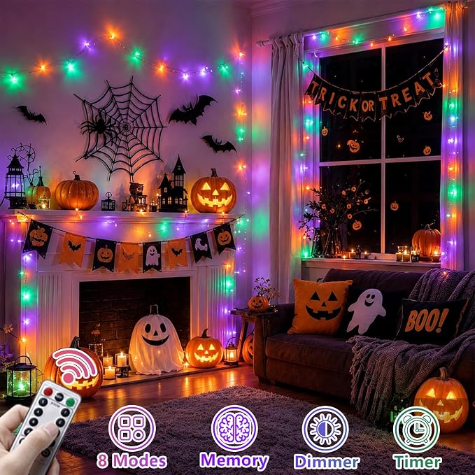 YEGUO Battery Operated Halloween Lights, 2 Pack Each 33ft 100 LED Orange Purple and Green String Lights Outdoor Waterproof, 8 Modes Clear Wire Christmas Twinkle Lights Indoor with Remote