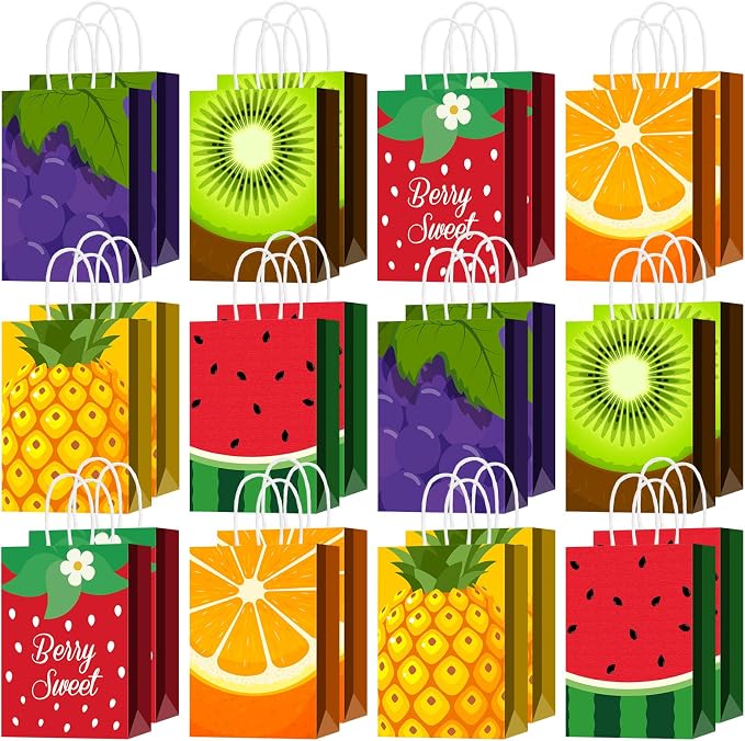 Outus 24 Pcs Summer Fruit Party Favors Bags Fruit Goodie Gift Paper Bag with Handles Tutti Frutti Strawberry Watermelon Candy Treat Tote Pouch for Summer Party Birthday Baby Shower Decoration Supplies