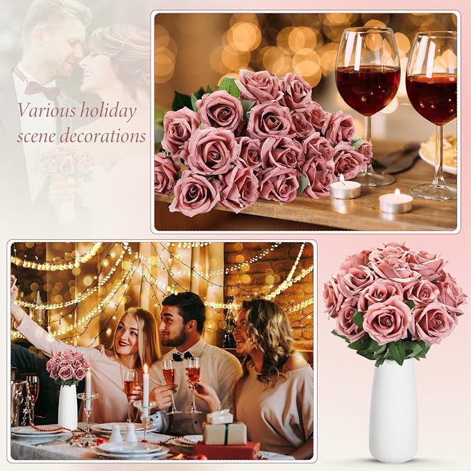 Hotop 20 Pcs Artificial Rose Flowers with Long Stem, Real Lifelike Silk Realistic Plastic Bouquet Roses Bulk for Home Decor Bridal Wedding Party Table Centerpieces Decorations(Dusty)