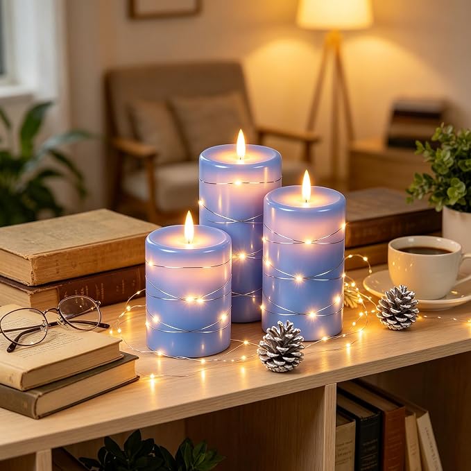 Da by 3 Pack Blue Real Wax Flameless Taper Candles, Lifelike Flickering LED Flame Candles with Surrounding Fairy String Lights, Soft Warm Battery Candles with Remote for Home Wedding Holiday Decor