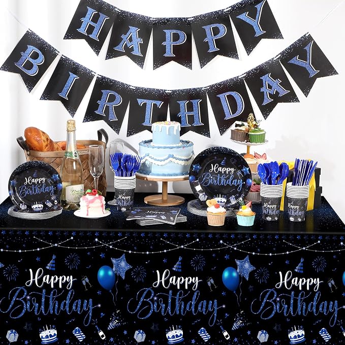 Vesici 171 Pcs Happy Birthday Party Supplies 24 Set Disposable Party Tableware include Plates Cups Napkins Cutlery and Banner Tablecloth Birthday Dinner Decorations for Men Woman(Black, Blue)