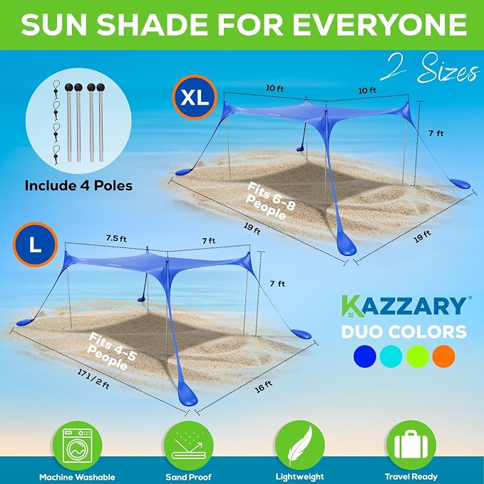 Beach Tent UPF50+ Sun Shade Canopy with Sandbags, 4 Stability Poles, Ground Pegs, Flying Disc Sand Shovel, Lightweight Sunshade Shelter, 7ft Tall for Outdoor Trips, Camping and Sports