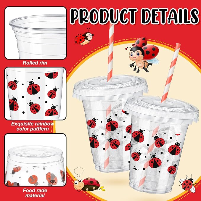 FoldTier 50 Pcs 12 oz Ladybug Disposable Plastic Cups with Straws, Lids and Leakproof Paper Clear Cups Birthday Party Supplies Birthday Table Decorations