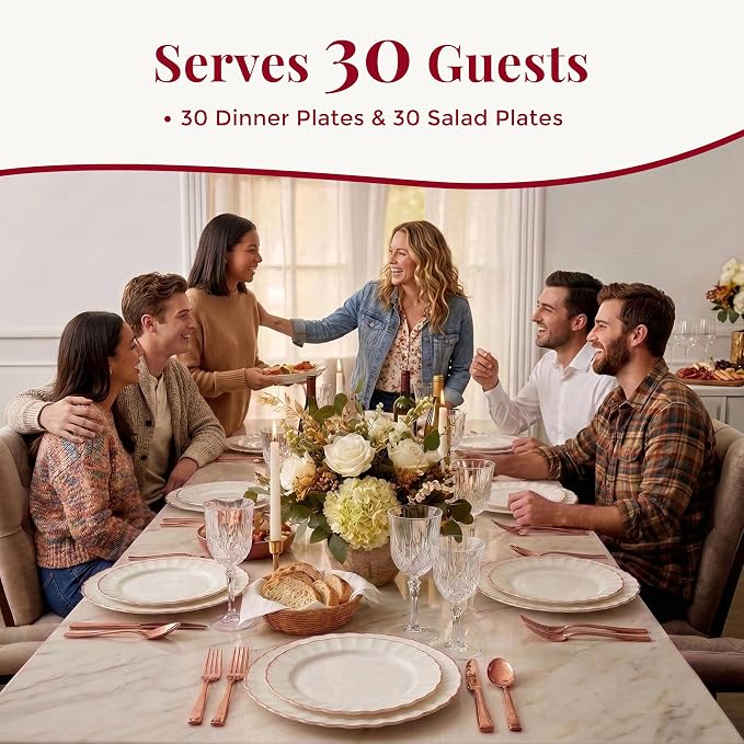 By Madee HEAVYWEIGHT 60 Pc Ivory Scalloped Plastic Plates with Rose Gold Trim | 30 Dinner & 30 Dessert Fancy Disposable Plates | Perfect for Weddings Bridal Showers or Any Special Moments (30 Guests)