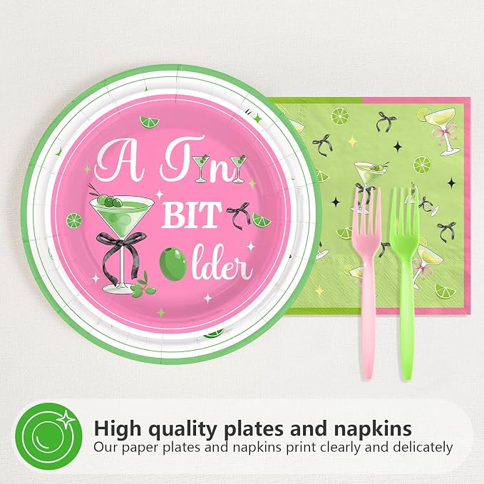 96Pcs Matini 21st Birthday Party Decorations, Serves 24 | A Tini Bit Older Plates and Napkins Pink Green Tableware Set for 21 Years Old Women Girls Birthday Martini Party Supplies