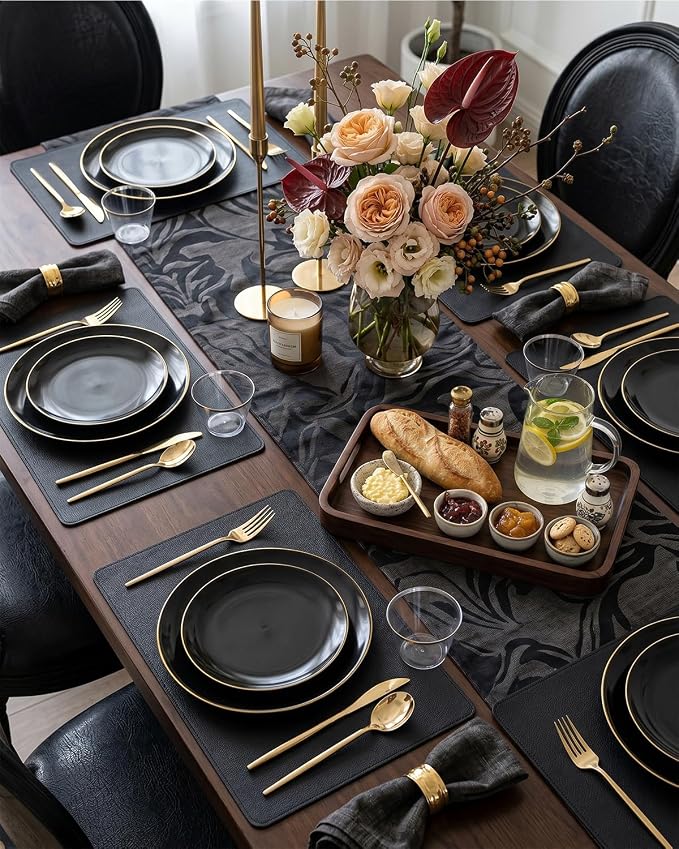 bUCLA 150PCS Black and Gold Plastic Plates - Black Gold Plastic Dinnerware Set Disposable - Include 25 Dinner / 25 Dessert Plates, 25 Knives, 25 Forks, 25 Spoons, 25 Cups, Ideal for Party & Graduation
