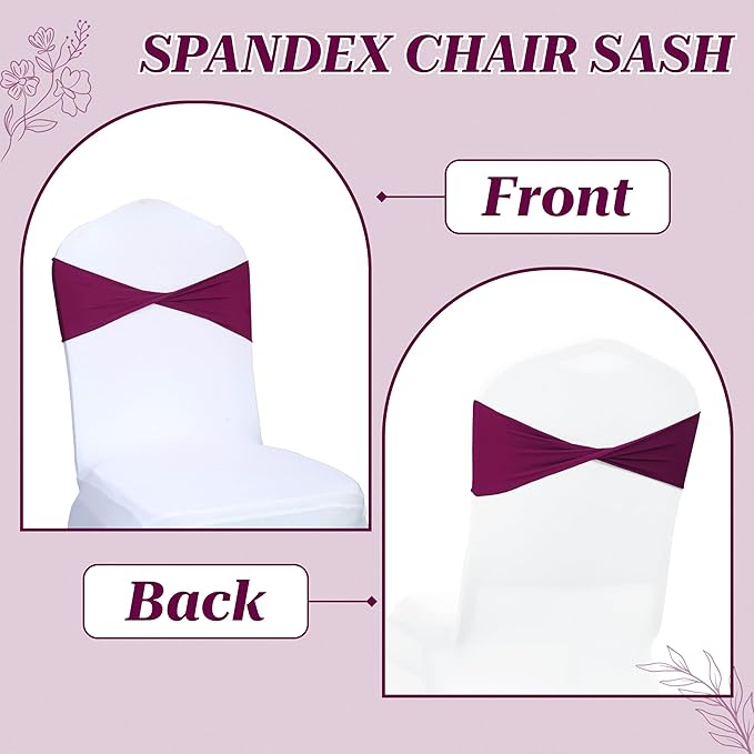MDS Pack of 200 Spandex Chair Sashes Bows Elastic Stretch Dining Chair Bands Ties Without Slider Buckle Universal fits for Wedding Baby Shower Birthday Party Banquet Event Decoration - Eggplant