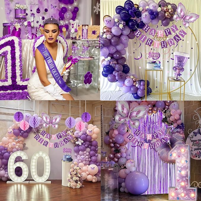 Purple Birthday Decorations, Purple Pink Party Decorations with Happy Birthday Banner, Balloons, Bday Sash, Crown, Butterfly, Tablecloth, Fringe Curtain, Honeycomb Ball for Women Girls Party Supplies