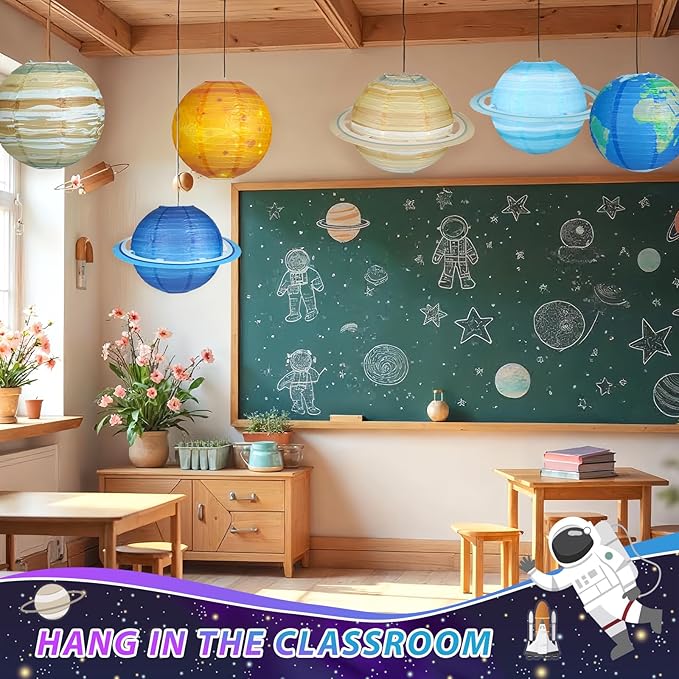 8 PCS Planet Paper Lanterns, 12 Inch Outer Space Party Decorations, Solar System Hanging Planets Lantern for Kids Space Theme Party Birthday Room Decorations