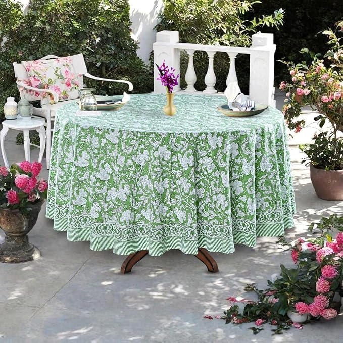 Ridhi Round Tablecloth Hand Block Print 100% Cotton Reusable Sage Green 110 Inch Table Cover Decorative Everyday Use for Dining, Home, Party, Wedding, Farmhouse, Party Gift for Spring, Mother's Day