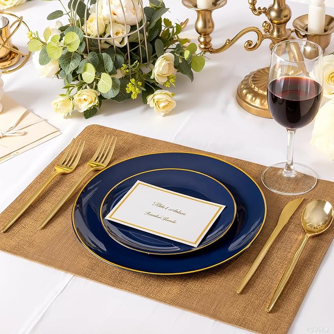 bUCLA 100PCS Blue Plastic Plates - Navy Blue Disposable with Gold Rim, Include 50 Each (10 inch Dinner & 7 inch Dessert) Plates, Ideal for Party & 4th of July