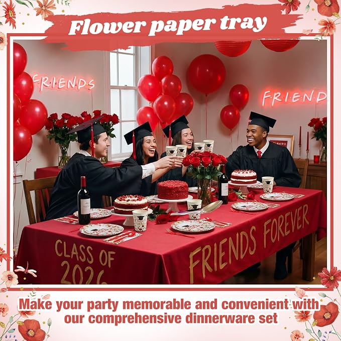 400 Pcs Class of 2026 Red Floral Graduation Decorations for 50, Red Gold White Flower Graduation Paper Plates Napkins and Cups Cutlery Grad Tableware for 2026 Congrats Grad Party Supply