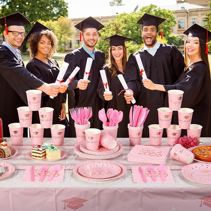 175pcs Class of 2026 Graduation Plates and Napkins Set, Disposable Paper Plate Set Polka Dots Plates Napkins Cups Knife Fork Spoon for Graduation Party Decorations and Supplies,Serve 25 (Pink）