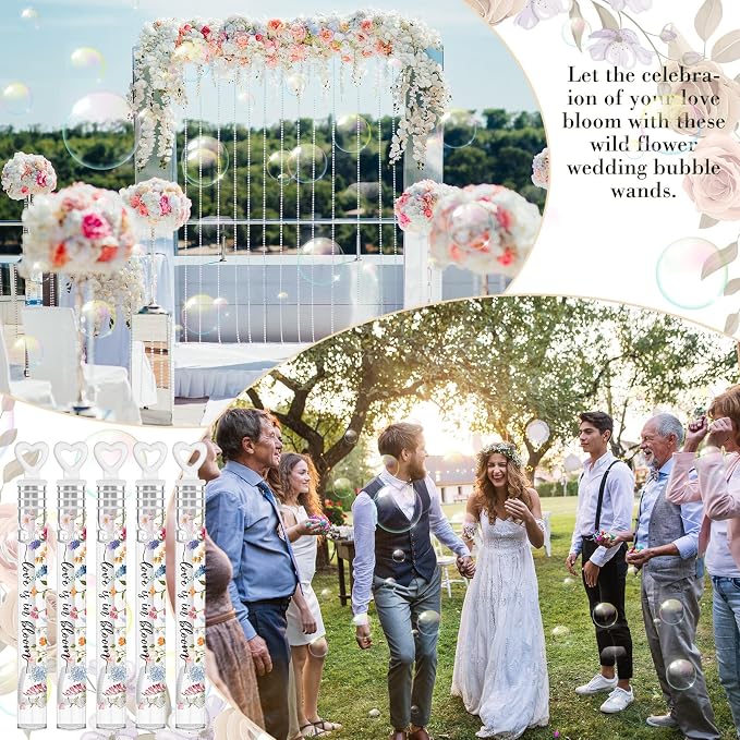 Hollowfly 120 Pack Wild Flower Wedding Mini Bubble Wands for a Wedding Bulk White Heart Bubble for Guests Send Off Wand Adults Bridal Exit Shower Party Supplies Valentine Anniversaries Celebration