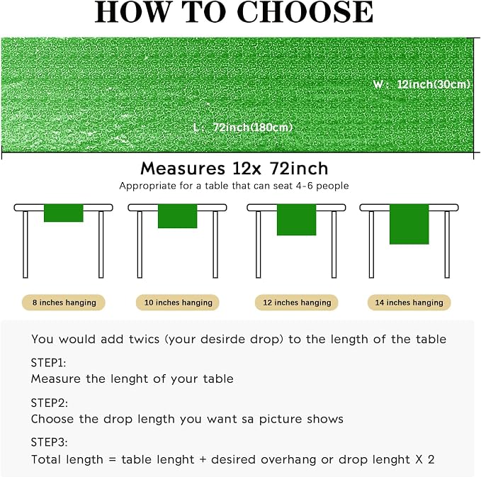 6 Packs 12 x 72 inches Sequin Table Runner, Grass Green Glitter Table Runner for Birthday Party Supplies Wedding Engagement Baby Shower Holiday Celebration Event Decorations
