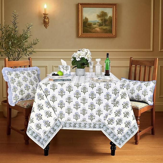 Ridhi Mughal Buta Blue Hand Block Print Cotton Rectangle Tablecloth 108" x 60" inches Reusable Table Cover Decorative Everyday Use for Dining Room, Farmhouse, Home Gift for Spring, Mother's Day