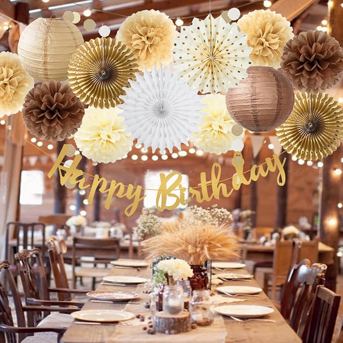Brown Birthday Party Decorations White Brown Champagne Rustic Birthday Party Decoration Paper Pom Poms Flowers Hanging Paper Fans for Neutral Bear Baby Shower Boho Party Decoration