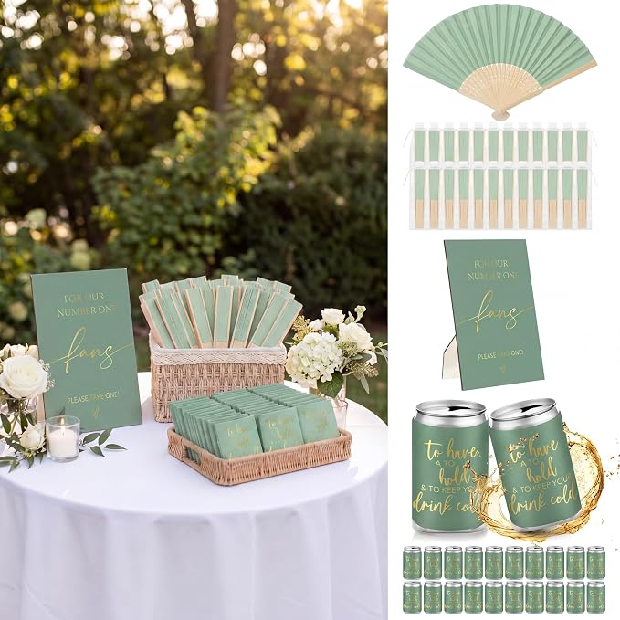 Hoteam 25 Sets Wedding Party Favors for Guests Bulk Including Can Cooler and Paper Folding Fans with Wedding Decor Table Sign Cheers to Love for Bridal Shower Party Souvenir(Classical,Green)