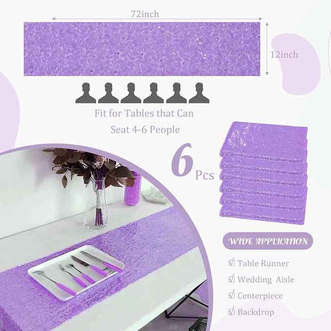 6 Pack Light Purple Sequin Table Runner 12" x 72" Sparkle Table Runner for Baby Bridal Shower Wedding Birthday Party Table Decor (Light Purple)