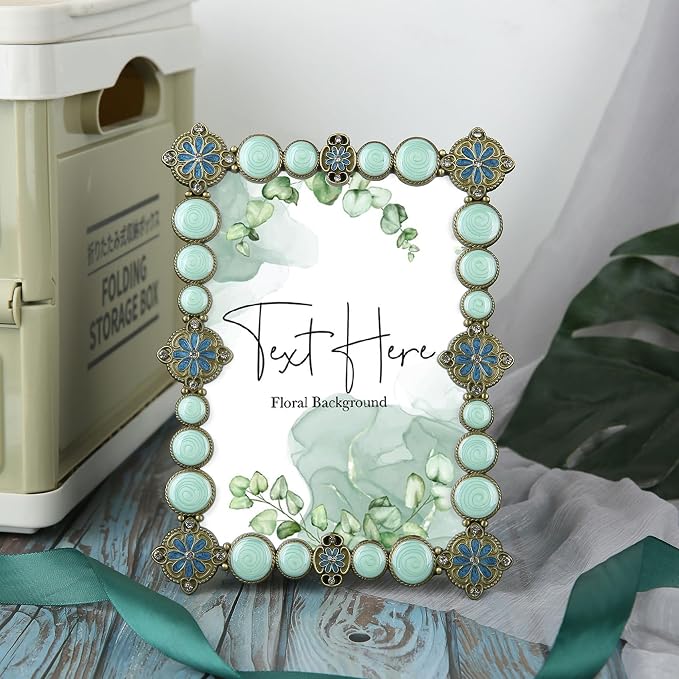 5x7 Vintage Picture Frame Ornate Metal Green Enamel Photo Frames with Glass Front, Tabletop Art Decoration, Creative Gifts Ideas for Women, Horizontally & Vertically