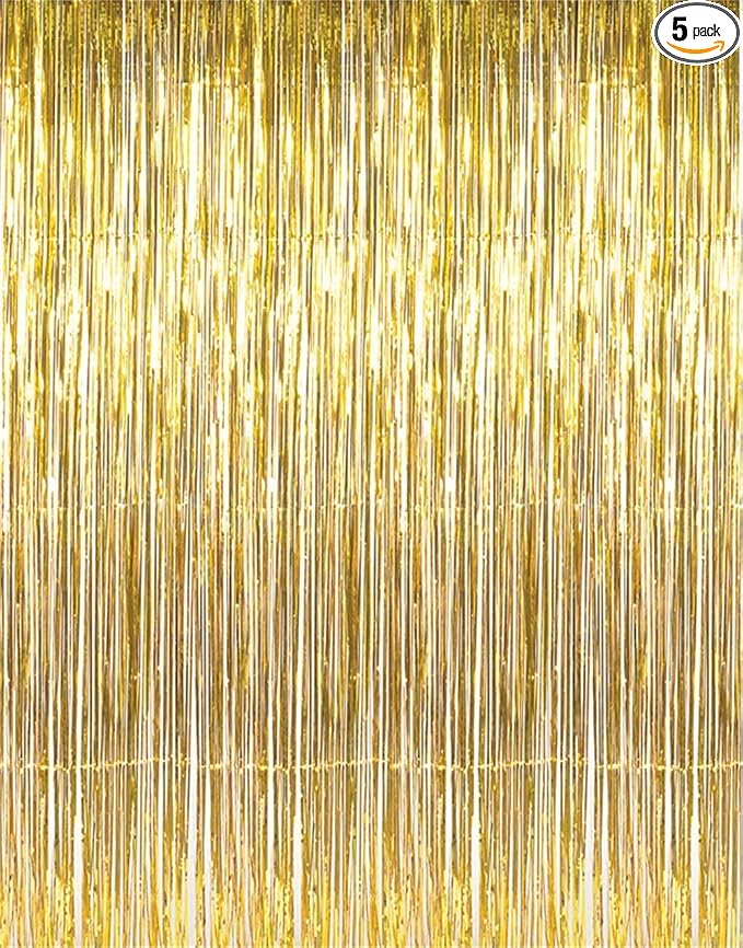 GOER Metallic Tinsel Foil Fringe Curtains Party Photo Backdrop Party Streamers for Birthday,Graduation,New Year Eve Decorations Wedding Decor (Champagne Gold,5 Packs)