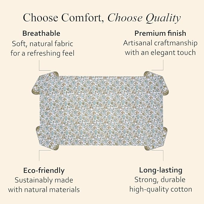 CPC Tablecloth 100% Cotton 80x120 Inch Indian Block Print Rectangle Table Cover, Blue Table Cloth for Weddings, Spring/Summer, Barbeque -Harvest Bloom