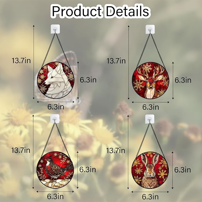 DASTOLL Stained Glass Window Hanging 4 Pcs Set Red Golden Snowflakes 6.3" - Christmas Elk Rabbit Suncatcher Door Garden Sun Catcher Decor Birthday for Mom Woman Nana Men