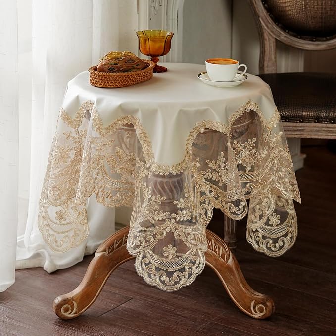 ARTABLE Lace Tablecloth Rectangle Waterproof Table Cover with Exquisite Macrame Border for Wedding Kitchen Holidays Party Decor (Beige, 36 x 36 Inch)