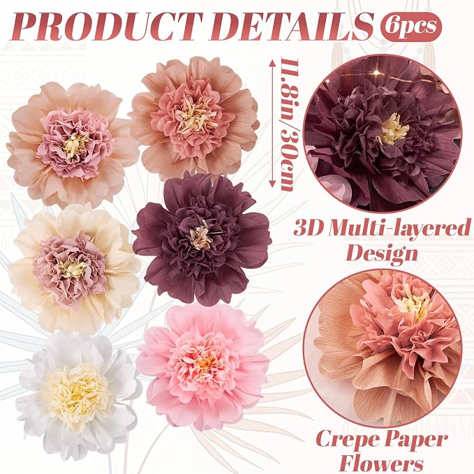 SUNBEAUTY 6 Pcs Large Boho Tissue Paper Flowers 12'' Giant Crepe Paper Flowers Decorations for Birthday Mexican Fiesta Spring Wedding Flower Backdrop Baby Bridal Shower Carnival Party Wall Decor