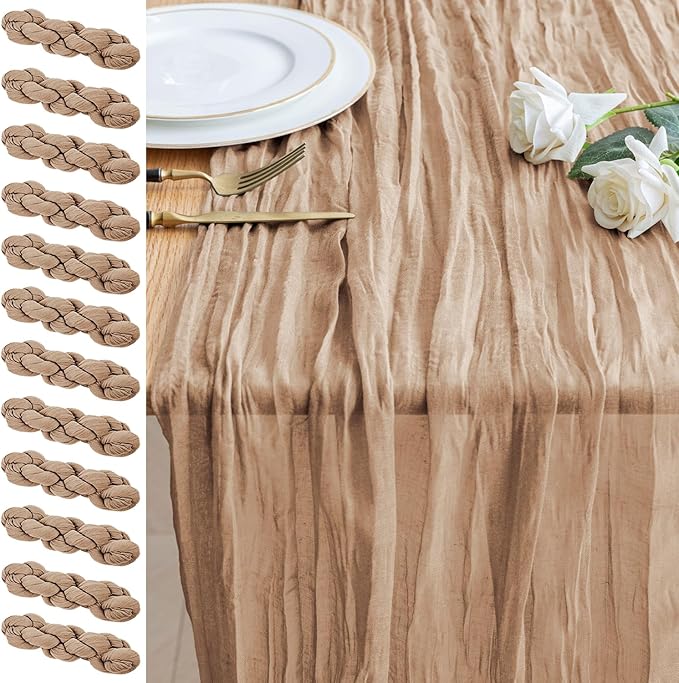 12PCS Table Runner Cheesecloth 10FT Nude Boho Gauze Cheese Cloth Rustic Sheer Table Runners for Wedding Bridal Baby Shower Party Decoration