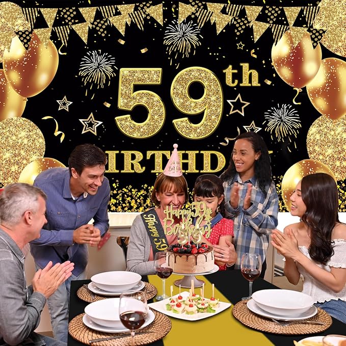 59th Birthday Decorations Men Women with 59th Birthday Banner, Black and Gold Table Cloth, Number Balloons, Large Sash, Cake Topper and Candles