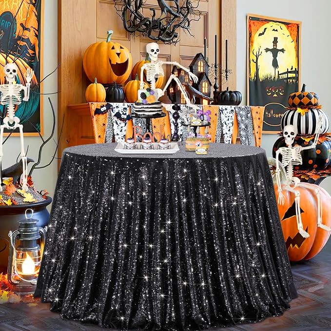 B-COOL Black Sequin Tablecloth Parties Decor: Round Sequin Overlay Shimmer Fabric for Halloween Table Setting Buffet Graduation Party 120 Inch