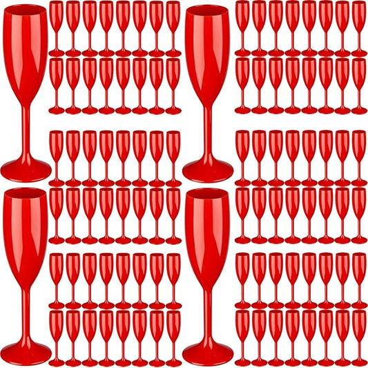 100pcs Red Champagne Flutes,6OZ Acrylic Champagne Glasses Plastic Goblets Wine Mimosa Glasses Wedding Toasting Shatterproof Reusable Vintage Champagne Flute Drinking Cups for Bridal Christmas Party
