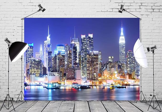 BELECO 15x10ft Fabric New York City Backdrop Manhattan Skyscraper Night View Urban Light Skyline Background City Theme Backdrop New York Party Decorations Artistic Portrait Shoot Photo Studio Props