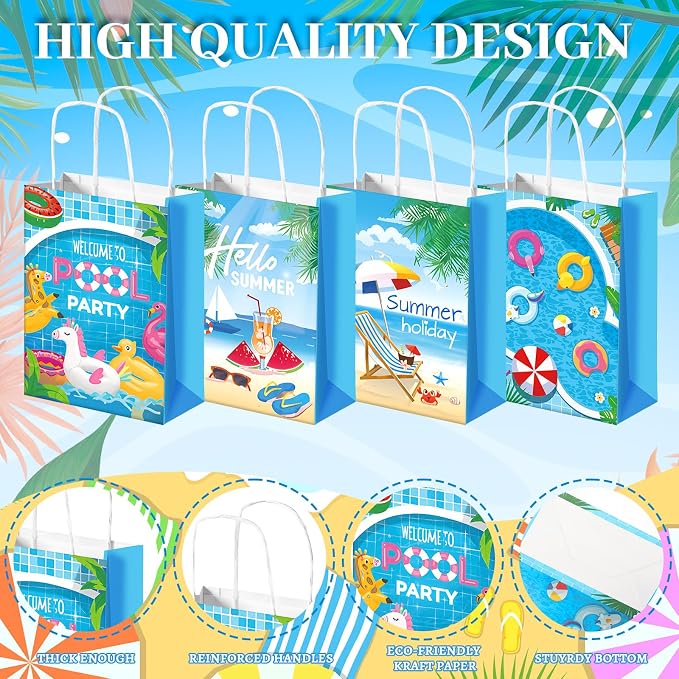 Outus 48 Pieces Summer Pool Party Favors Bags Beach Gift Goodie Paper Bags with Handles Beach Swimming Pool Candy Treat Pouch for Summer Hawaiian Luau Birthday Holiday Party Supplies