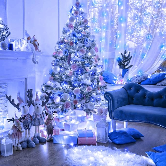 120 LED Blue White Christmas Lights Outdoor, 40 FT Clear Wire Christmas Tree Lights 8 Modes, Plug in Waterproof Fairy Twinkle Lights for Indoor Christmas Bedroom Tree Party Holiday Decorations